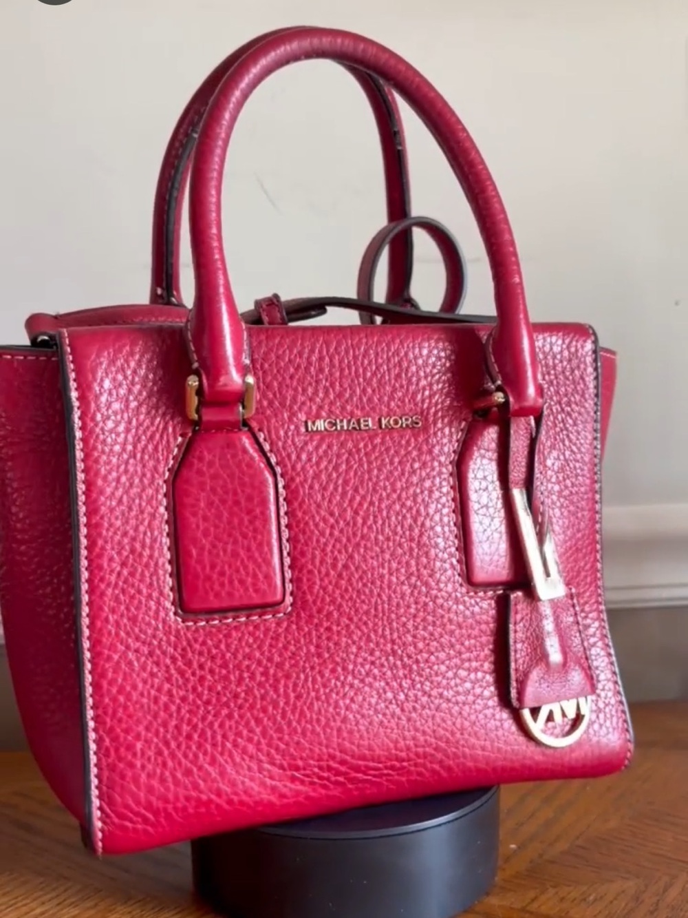 Michael Kors Selby cherry red pebble Leather Satchel with Gold Hardware EUC